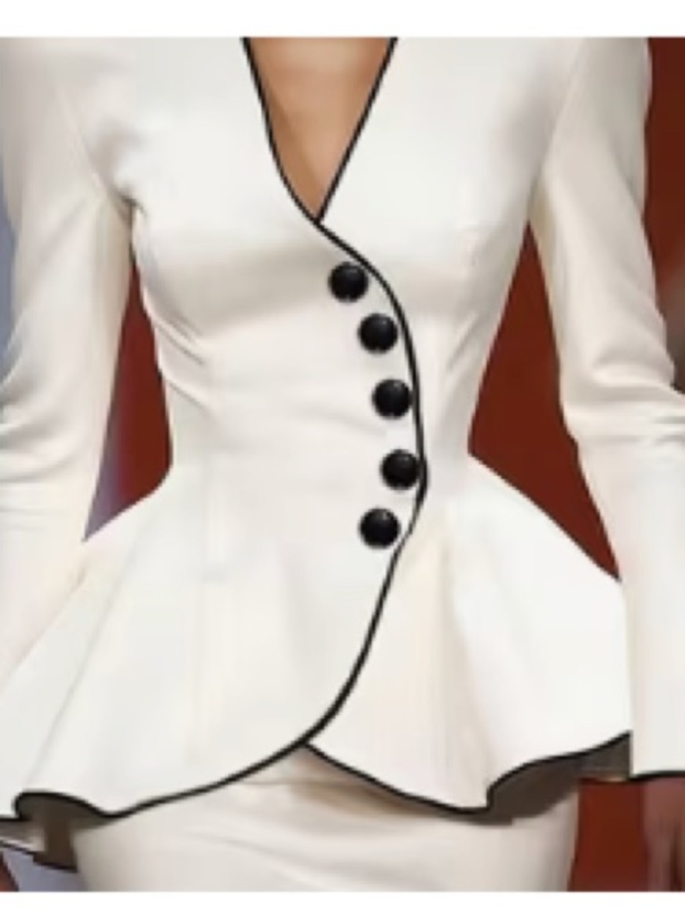 White Peplum Blouse with Black Piping & Buttons.  Small